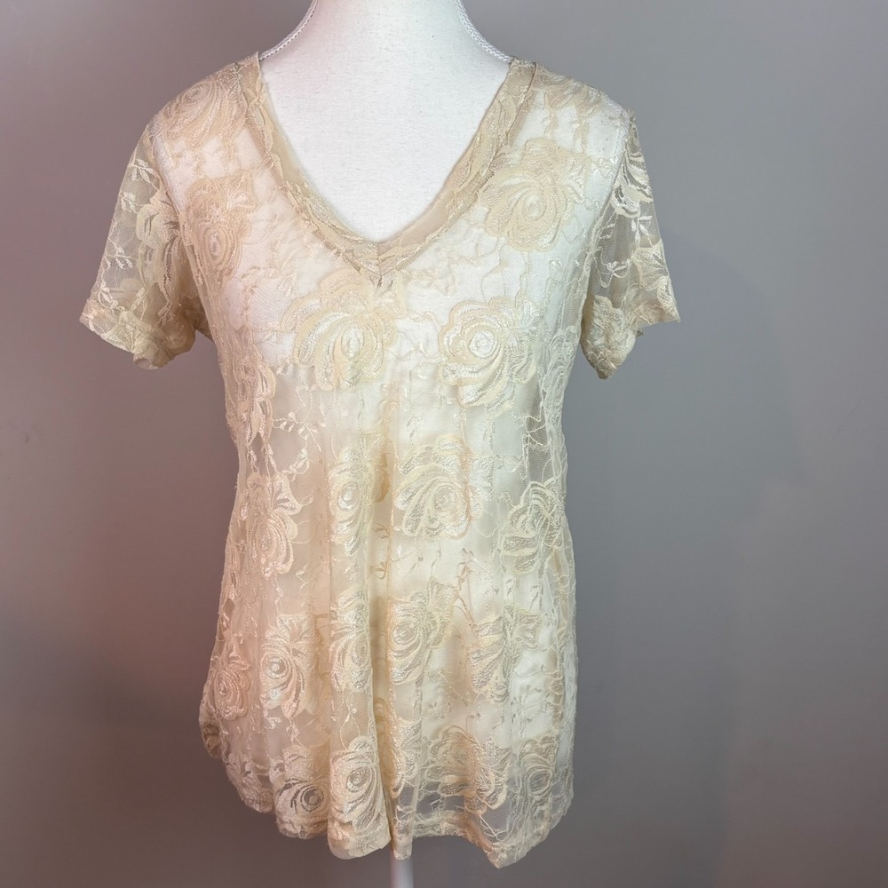 LNA Womens Beige Lace Sheer Short Sleeve top sz MED Fairy Boho Stretch whimsical
